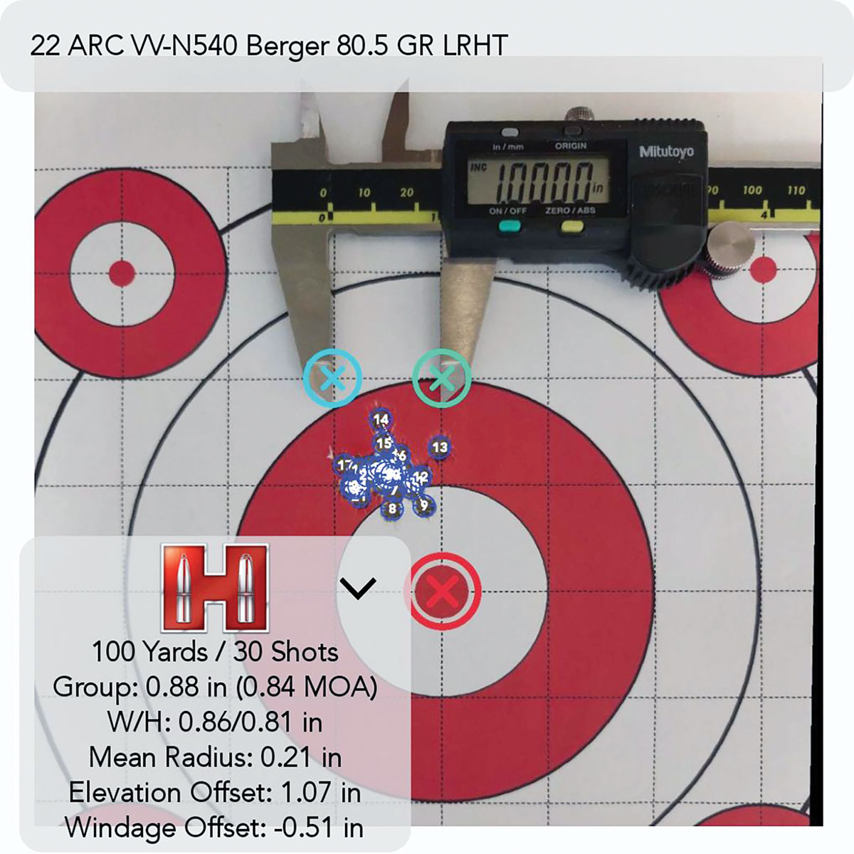 This 30-shot group was measured using the Group Analysis tool within the Hornady App. The group size was verified with a Mitutoyo caliper as well. With a good load, this rifle is truly capable of consistent, repeatable sub-MOA performance.